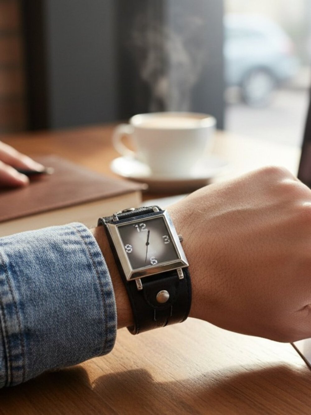 Black & White Ribbon Band Square Ladies Stainless Steel Quartz Watch